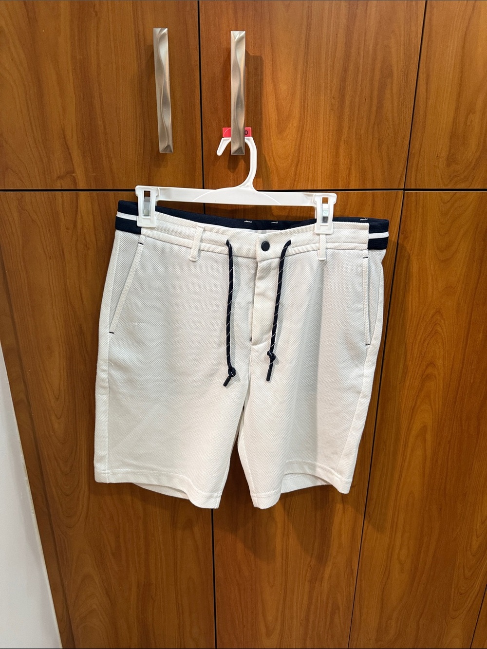 Zara White Knit Drawstring Shorts with Navy Accents
